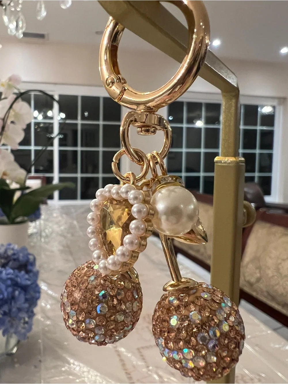 Gold Crystal Cherry Bag Charm Keychain | Rhinestone Purse Charm